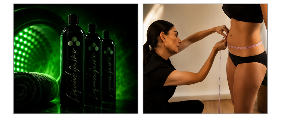 Strategic treatment layering within the Green Fat Melt Wrap™ Signature System combining Liquid Lipo™, Green Laser Lipolysis and HIEMT Muscle Stimulation