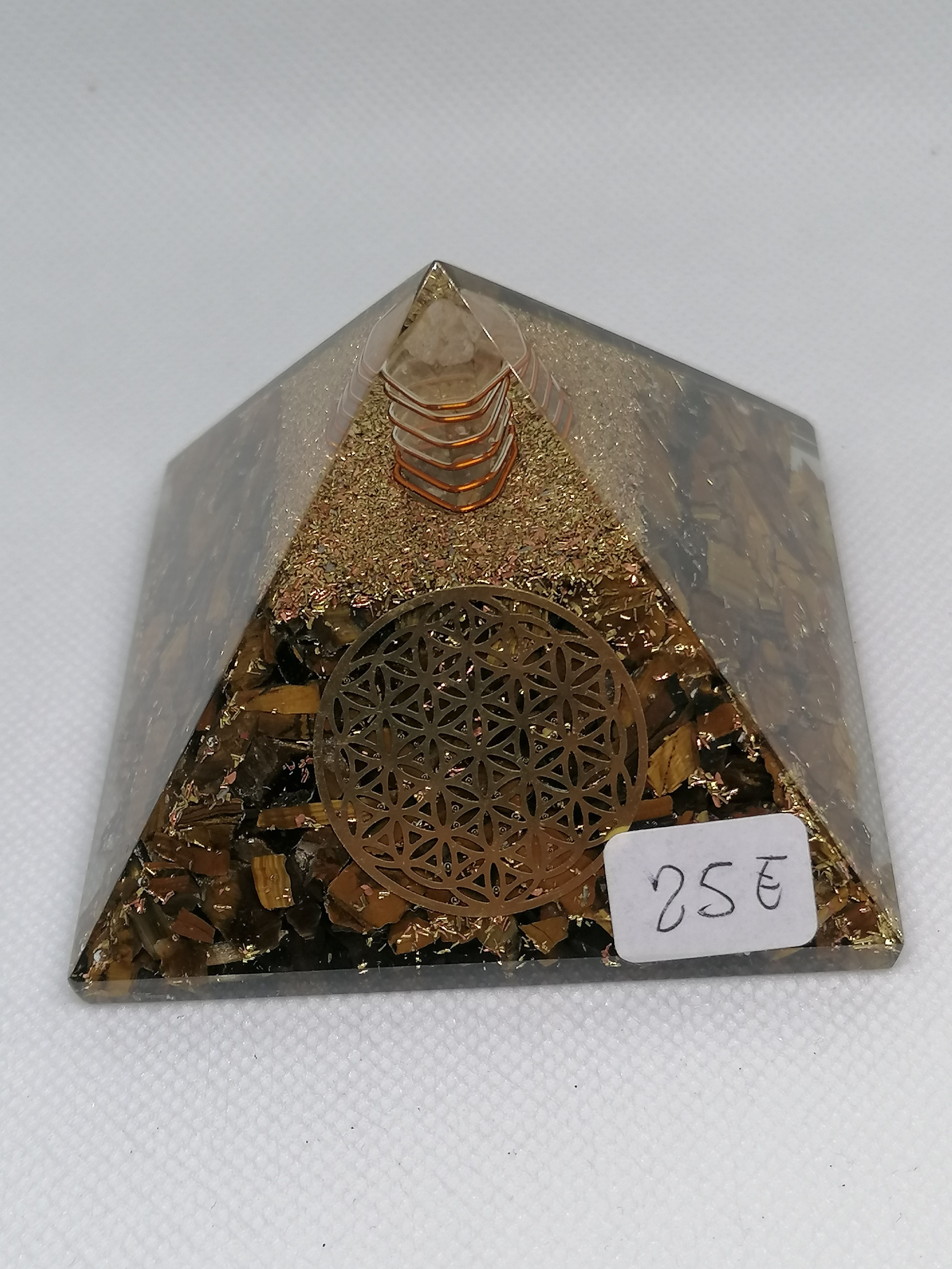 Pyramide orgonite Fleur de vie, Oeil de tigre, cristal de roche 7 cm