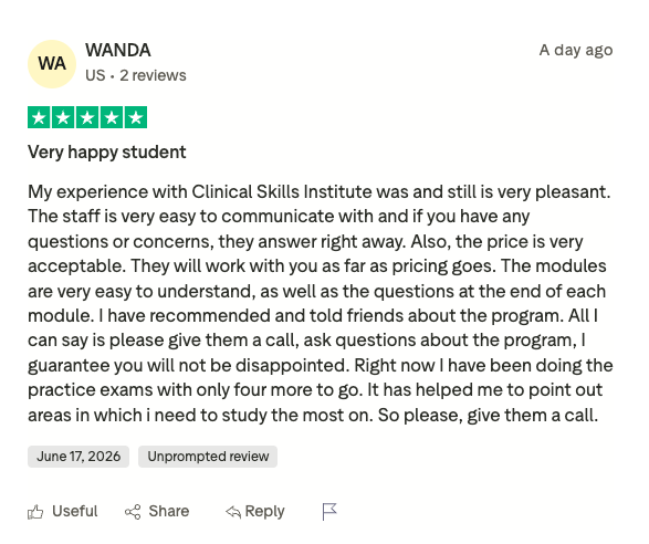 Clinical Skills Institute student review discussing CCMA certification, externship experience, and getting hired as a Certified Medical Assistant after completing the program