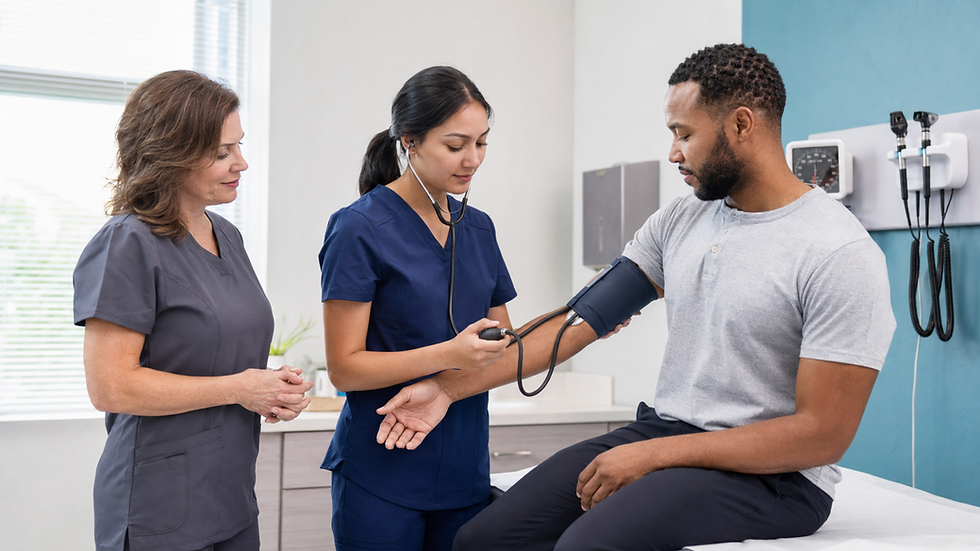 Medical Assistant extern checking a patient’s blood pressure under the supervision of an experienced clinical mentor.