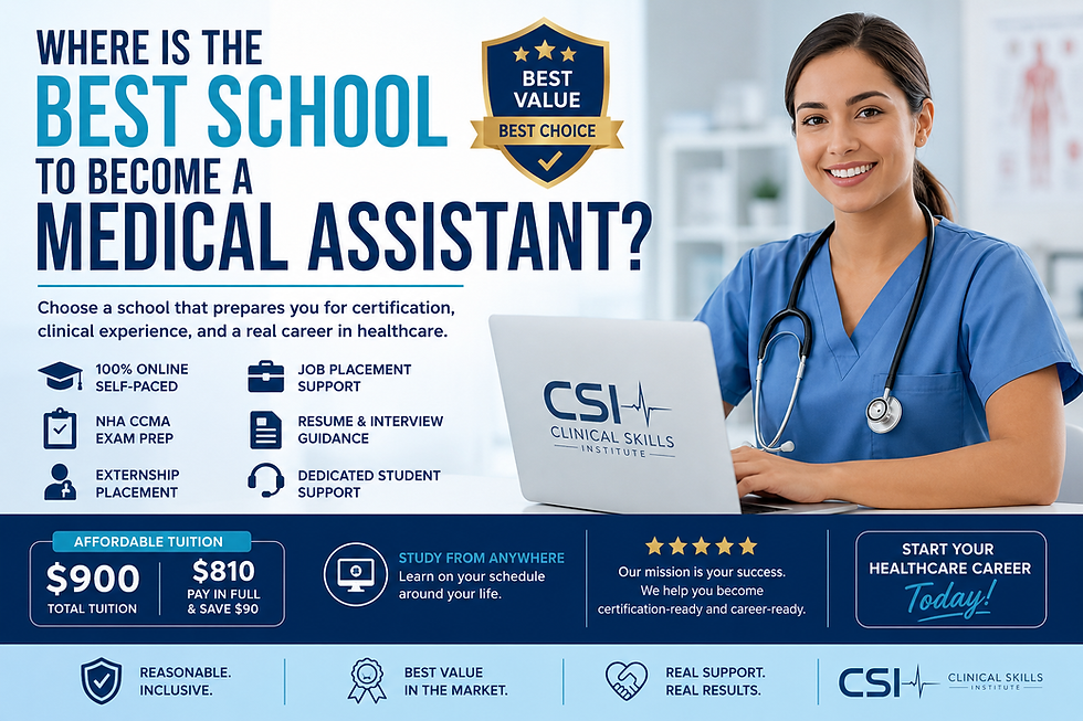 Clinical Skills Institute online Medical Assistant program with affordable tuition, CCMA exam preparation, externship options, and career support