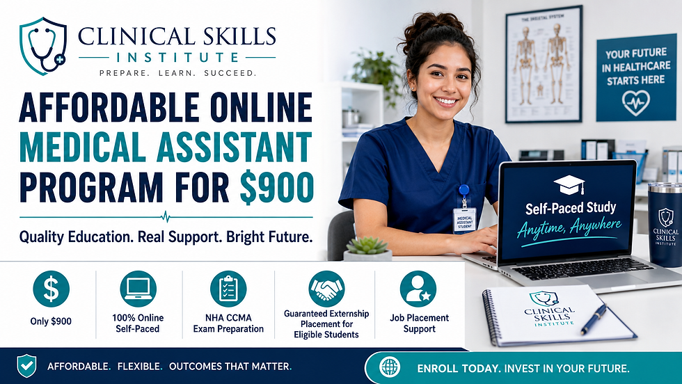 The program includes $900 tuition, easy-to-understand course materials, NHA CCMA exam preparation, guaranteed externship placement, job placement support, resume and interview guidance, and student support.