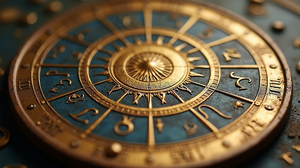 Close-up view of a zodiac wheel with planetary symbols