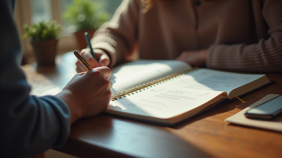 Close-up view of a person writing questions in a journal before an astrology session