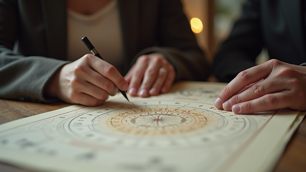 Close-up view of a person consulting an astrologer with a birth chart on the table