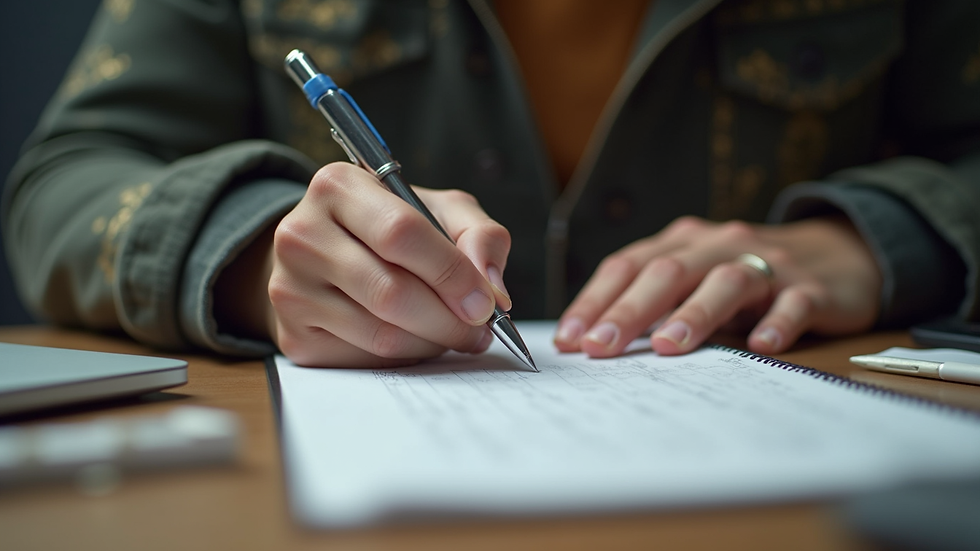 Close-up view of a person writing notes during an online astrology consultation