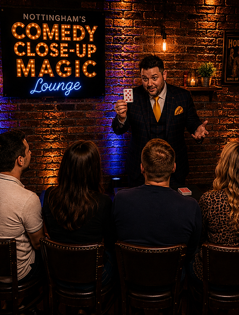 Max Francis performing magic tricks for an intimate audience at the Close-Up Magic Lounge.