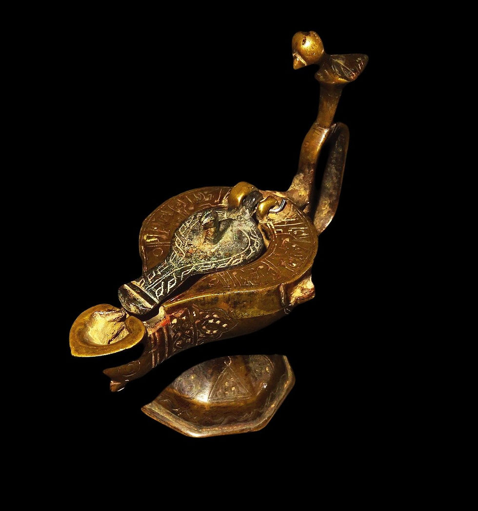 Miniatura: Lampe à huile seldjoukide à l'oiseau et inscriptions coufiques -12° S.