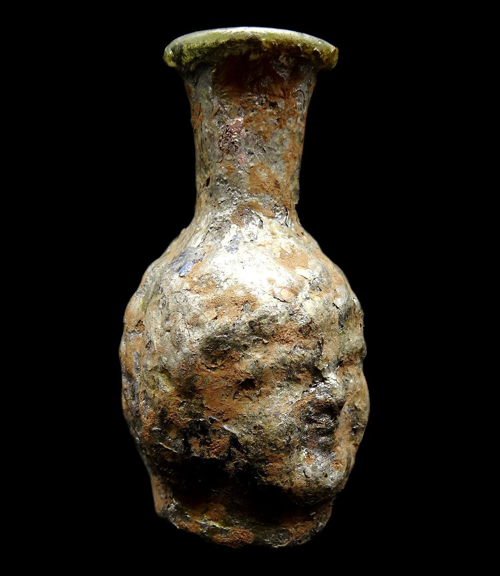 Miniatura: Fiasca di vetro con testa di Giano - Arte romana, II/III secolo d.C. - Intatta