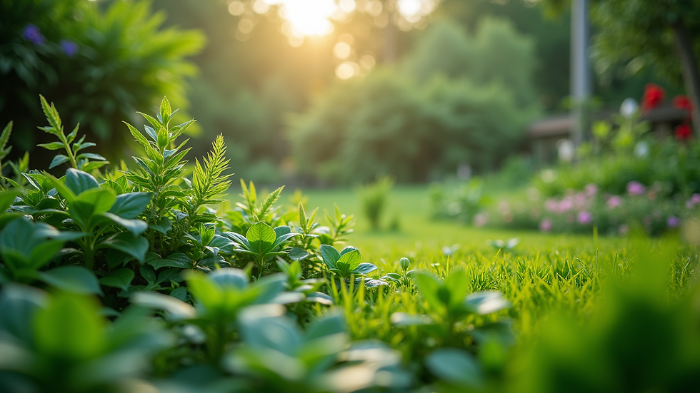 Eye-level view of a lush green garden with diverse plants