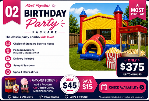 Birthday Party Package featuring a bounce house and popcorn machine rental with delivery in Greater Sudbury.
