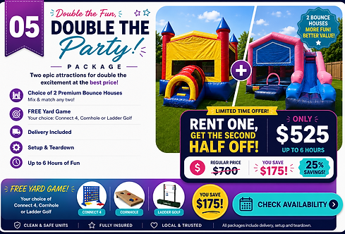 Double the Fun Party Package with two bounce houses and a free yard game for larger events in Greater Sudbury.