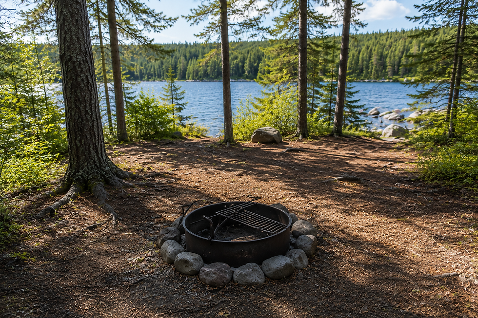 Wooded Northern Ontario campsite with a fire pit overlooking a lake