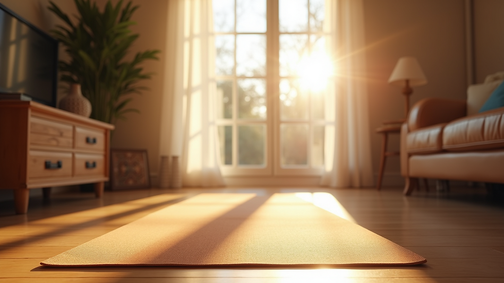Eye-level view of a cozy living room with yoga mat and light streaming through window