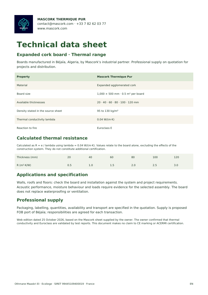 Preview of the Mascork technical data sheet