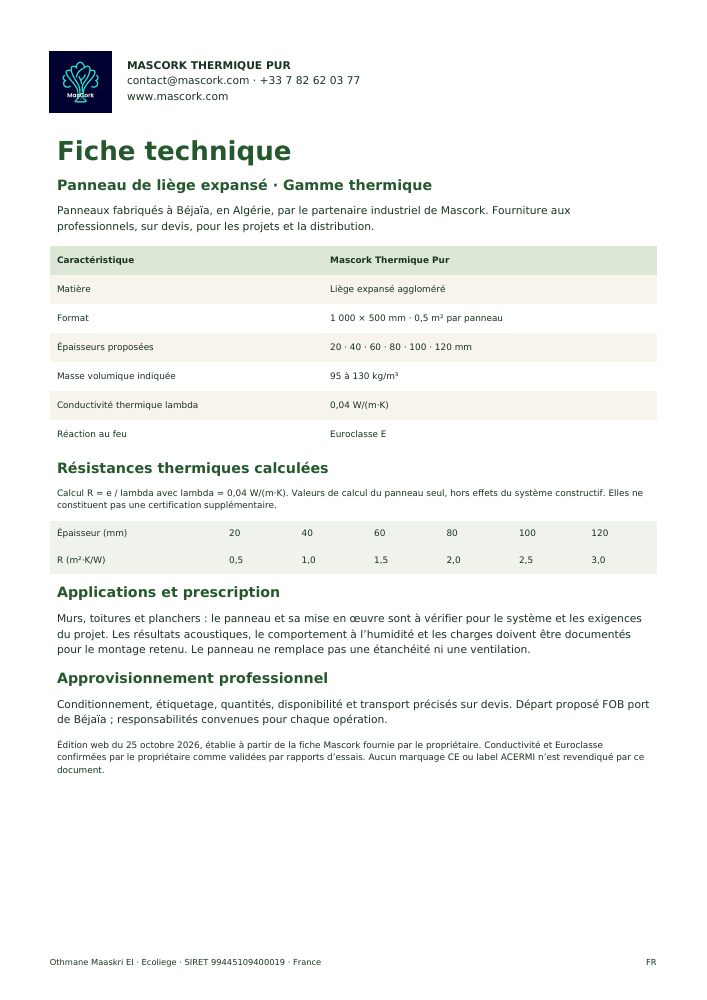 Aperçu de la fiche technique Mascork