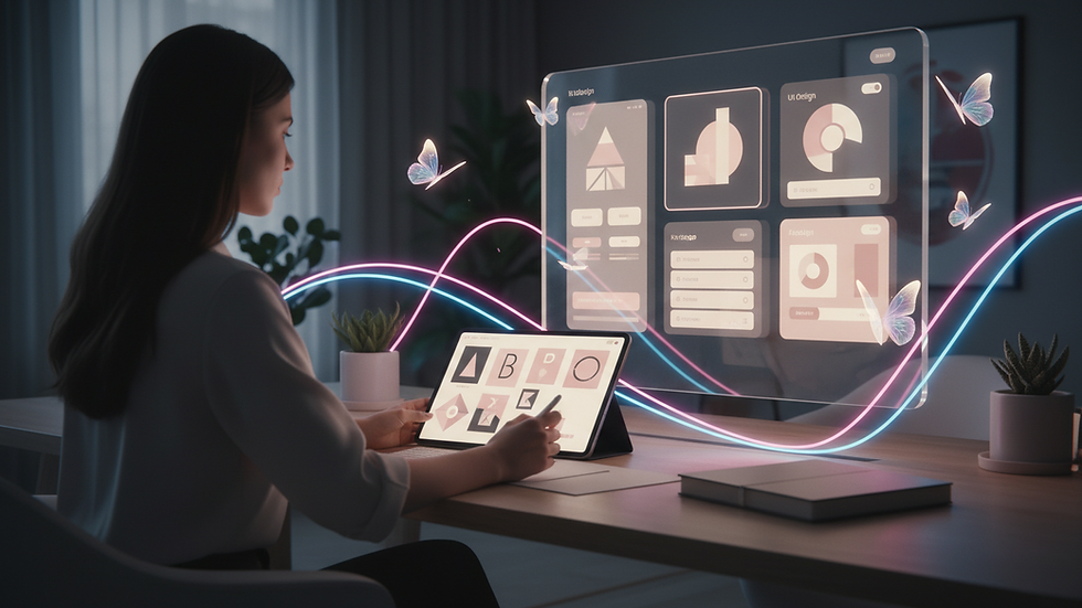 Eye-level view of a modern workspace with a designer sketching brand logos