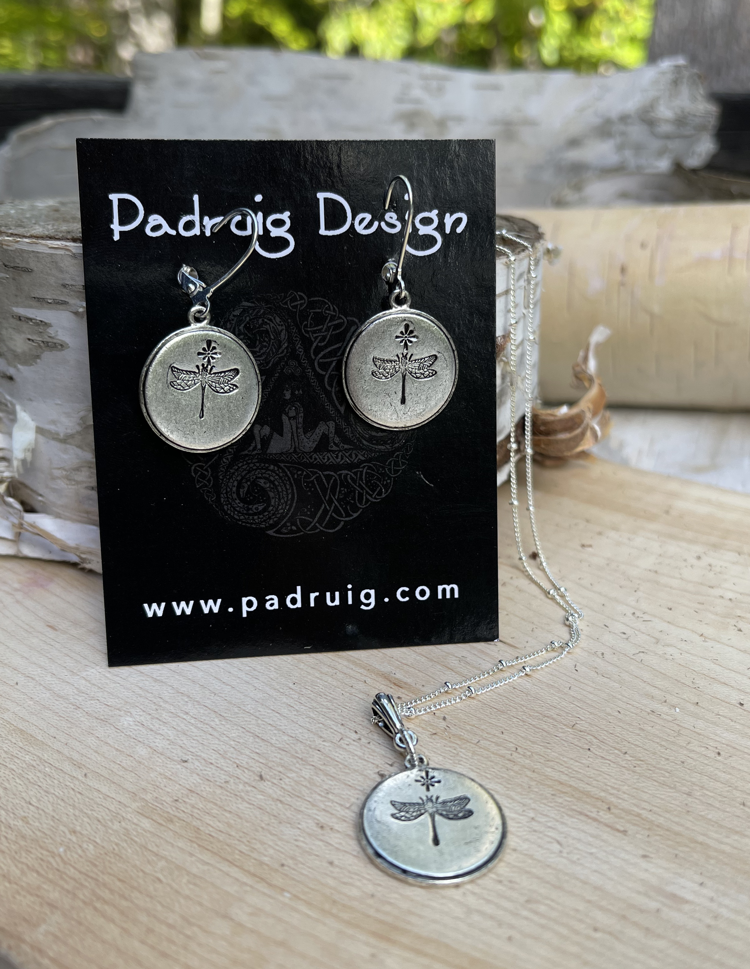 Hand Stamped Necklace and Earrings Dragonfly