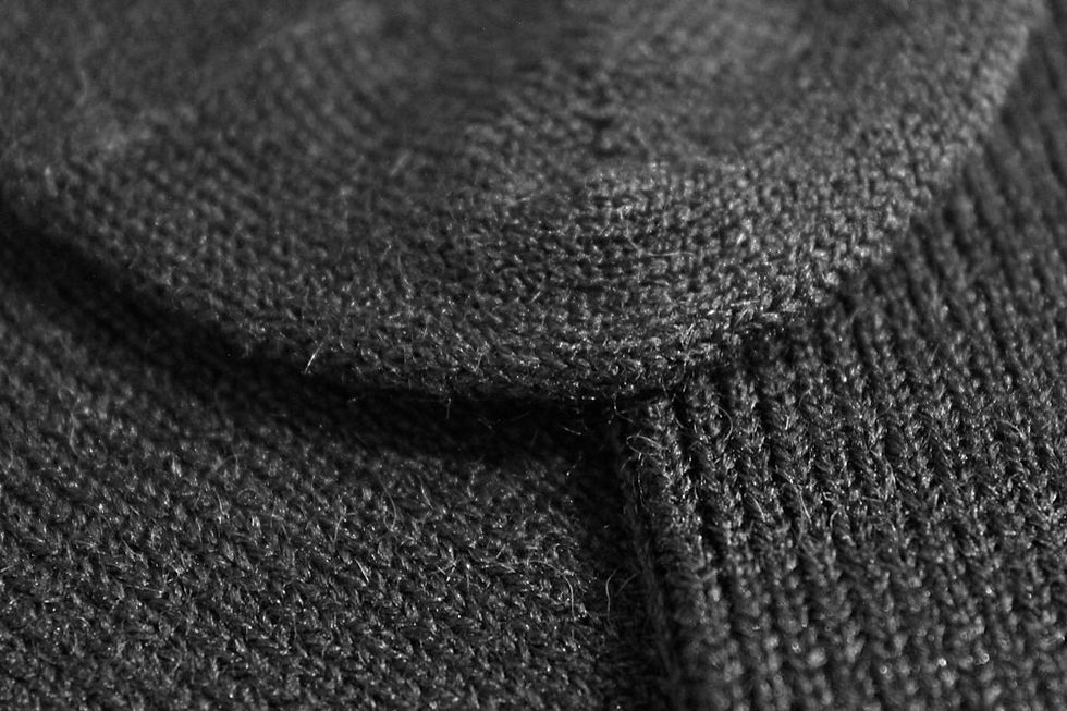 Thumbnail: Close up of texture of black fine rib knit socks