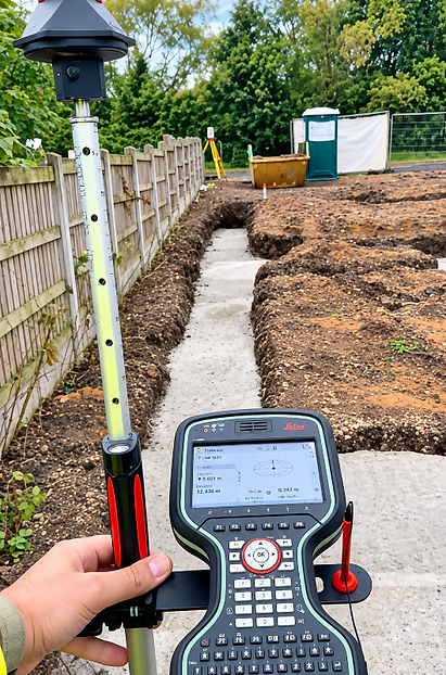 Hand holding handheld surveying controller attached to prism pole for road setting out