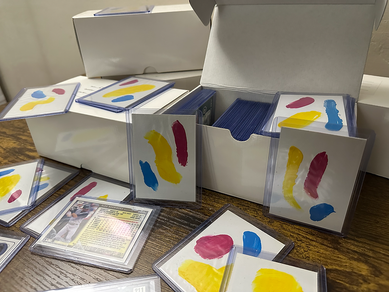 conceptual art piece, 696 alex rodriguez baseball cards fingerpainted cyan, magenta and yellow