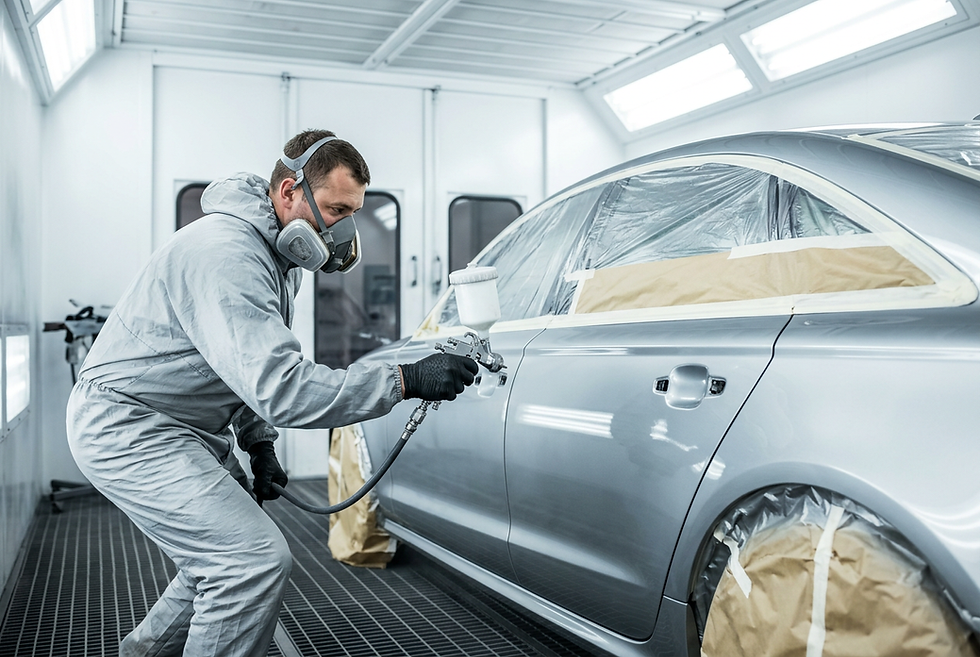 Studio photography of a technician wearing protective gear spray-painting a car in a professional workshop. The scene is brightly lit, conveying precision and industrial expertise.