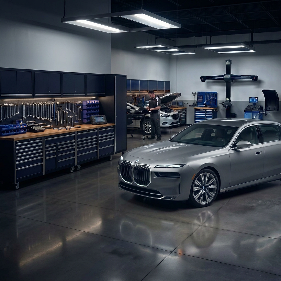 Studio photography of a sleek silver luxury sedan parked in a modern, clean, and well-lit automotive service center. The atmosphere is professional, organized, and high-end.