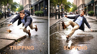 Side-by-side images of a man tripping over a raised slab and falling forward, and slipping on a wet street and falling backward