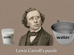 Image of Lewis Carroll looking puzzled between a glass labeled “milk” and a bucket labeled “water.”