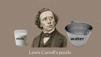 Image of Lewis Carroll looking puzzled between a glass labeled “milk” and a bucket labeled “water.”