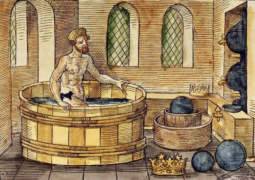 Archimedes immersing himself in a wooden tub in the Greek bathhouse