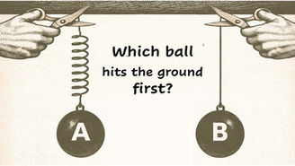 Two balls hang from a support, one on a spring and one on a thread, with scissors cutting both, asking which hits the ground first.