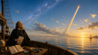 Galileo standing on a ship at sea, looking toward a rocket launching into a starry sky above calm water at sunset.