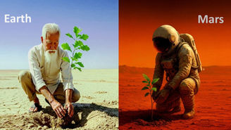 Split image showing a man planting a young tree on Earth and an astronaut planting a similar tree on Mars.