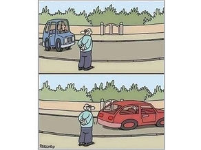 A short blue car, approaching a man, turns long red as it moves away from him