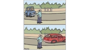 A short blue car, approaching a man, turns long red as it moves away from him