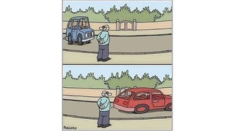 A short blue car, approaching a man, turns long red as it moves away from him