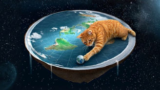A cat standing on a flat Earth in space, reaching toward a small globe to illustrate gravity on a flat Earth thought experiment.