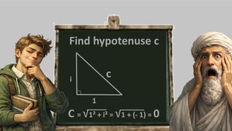 Illustration showing a smug student on the left, a chalkboard with a right triangle labeled with sides 1 and i and a calculation leading to hypotenuse equals zero in the center, and a shocked Pythagoras on the right, representing misuse of mathematical formulas outside their valid domain.
