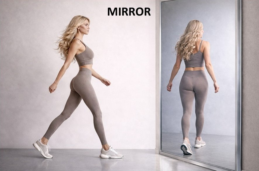 A woman walks toward a mirror, but her reflection shows her back instead of her face.