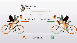 Two Cyclists and a Bird: cracking a tough problem in two simple steps