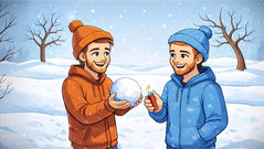 Two people standing outdoors in a snowy landscape. One holds a snowball while the other holds a lit lighter, illustrating the contrast between a hot flame and cold snow.