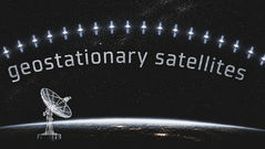Illustration of multiple geostationary satellites arranged in an arc above Earth’s horizon against a star-filled sky, with a ground-based satellite dish shown below communicating with the satellites