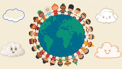Illustration of children from diverse cultures standing hand-in-hand around the perimeter of the Earth, forming a circle. Cute cartoon clouds float around them in a light beige sky.