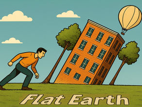 Illustration of a man leaning forward on a flat landscape where a building and trees are tilted, suggesting distorted gravity on a flat Earth