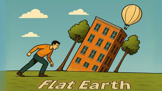 Illustration of a man leaning forward on a flat landscape where a building and trees are tilted, suggesting distorted gravity on a flat Earth
