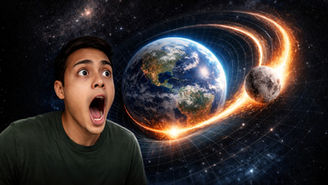 Illustration showing the Moon spiraling toward Earth, with a shocked human observer in the foreground.
