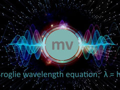Illustration of the de Broglie wavelength equation showing a particle and associated wave.