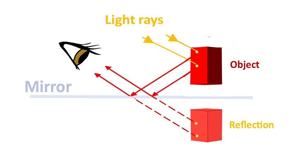 Fig. 3. A virtual image of the cuboid is created due to our brain extending reflected light rays backward to end behind the mirror.