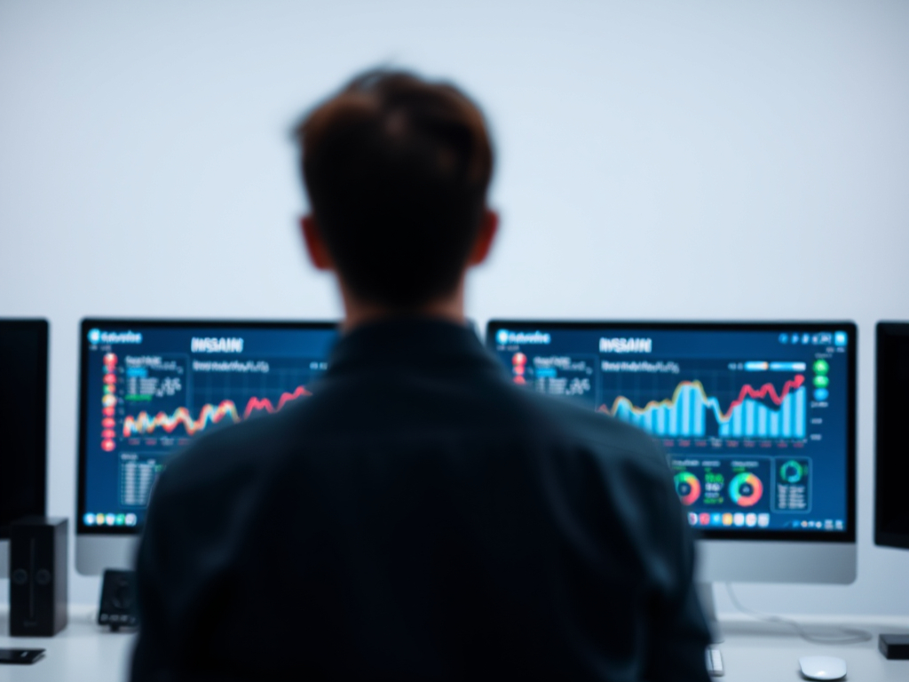Man viewing marketing analytics dashboards on two monitors in an office setting. Graphs show rising trends. The room is well-lit, screens are vibrant.